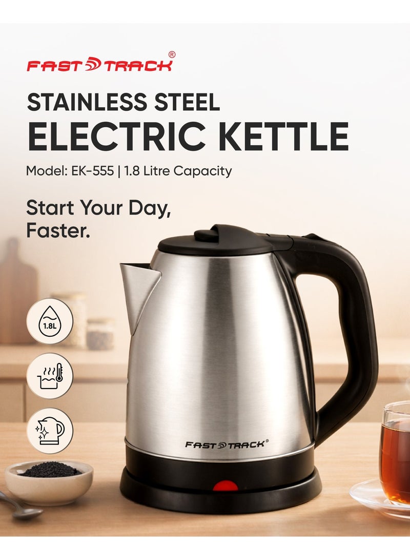 Fast Track 1.8L Stainless Steel Electric Kettle 1500W – EK-555 | 360° Base | Auto Safety Shut-Off | Dry Boil Protection | Fast Boiling Water & Tea | Silver/Black - Image 1